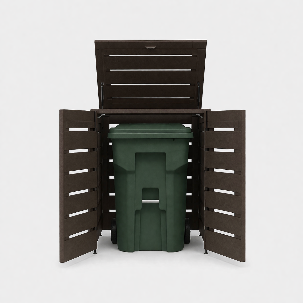 Single enclosure with door open showing trash can